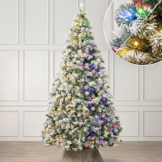 Christow Pre-Lit Flocked Christmas Tree 8ft, Dual-Coloured LED Lights (Switch from Warm White to Multi-Coloured), Chamonix Spruce, Snowy PVC Tips, 11 Modes – Colour Changing, Timer, 145cm Diameter