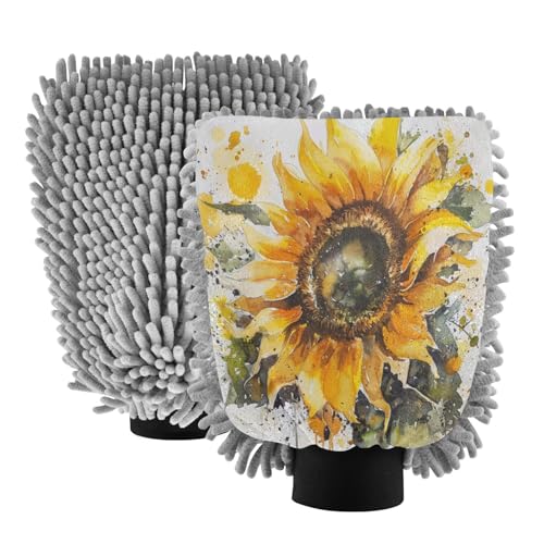 ALAZA Sunflower Watercolor Car Wash Mitt Scratch Free, 2 Pack Absorbent Microfiber/Chenille Washing & Drying Mitts, M