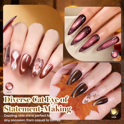 Image of Beetles Cat Eye Gel Nail Polish Set - Gilded Street Fall 6 Colors Glitter Gel Polish Kit Brown Red Gold Green 3D Shimmer Effect Soak Off UV DIY Salon Nail Art Fall Manicure Gift for Women