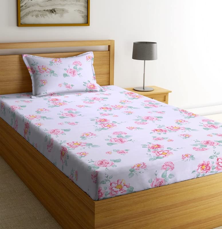 Image of NHD HOME Premium Glace Cotton 180 TC Flat Single Bedsheets for Summer Breathable | Wrinklefree (Size-60 X 90 Inch) with 1 Pillow Covers (Size-17 X 27 Inches, Small Floral Pink)