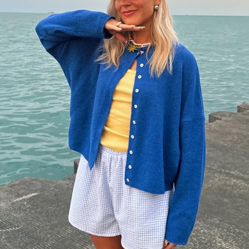 Women's Solid Color Fuzzy Knit Cardigan Long Sleeve Round Neck Sweaters Front Button Closure Rolled Hem Kniwear3