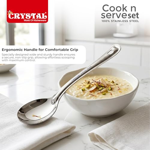 Image of Crystal Stainless Steel Cooking & Serving Spoon Set | 5 Pcs Set | Ladle,Oval Server,Skimmer, Spatula and Stand