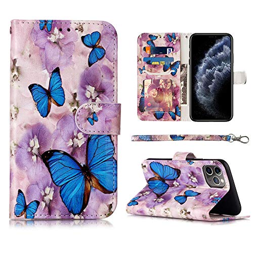 JanCalm Compatible with iPhone 11 Pro Wallet Case, Floral Pattern Premium PU Leather [Card/Cash Slots] [Wrist Strap] Stand Feature Flip Cases Cover for iPhone 11 Pro Case (2019) (Butterfly/Purple)