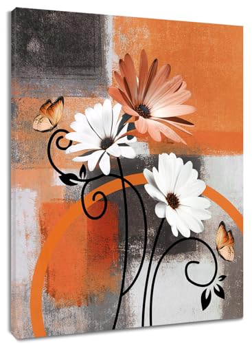 LB Farmhouse Orange Floral Wall Art for Bathroom Grey and White Geometric Canvas Wall Art Wall Paintings Home Decor Minimalist Wall Pictures for Living Room Bedroom Office Ready To Hang,12x16 Inch