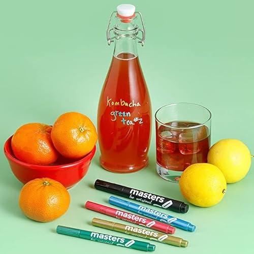 Masters Markers Washable Beverage Markers Set | Non-Toxic, Erasable Ink Writing On Cold Drinks, Bottles, Plastic Cups, Mirrors | 4 Assorted Metallics, 1 Black Oil-Based Pen, Sticker Labels, Metallic #TOP4