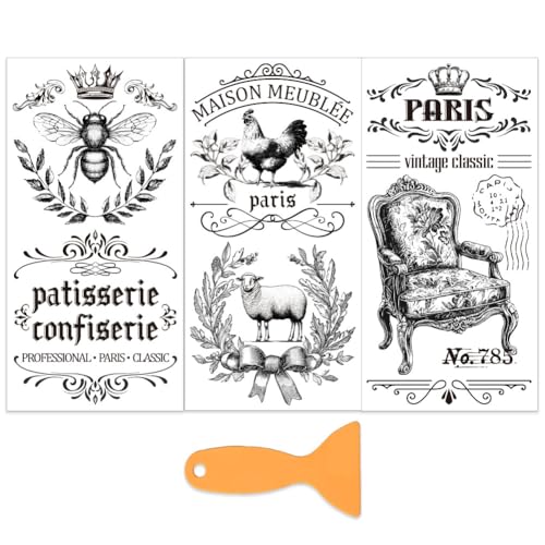 OLYCRAFT 3Pcs/Set French Farmhouse Rub on Transfers for Furniture and Craft 6x12 Inch Vintage Furniture Decal Transfer Stickers Rub on Decal with 1pc Scraper for Scrapbook Window Home Decoration