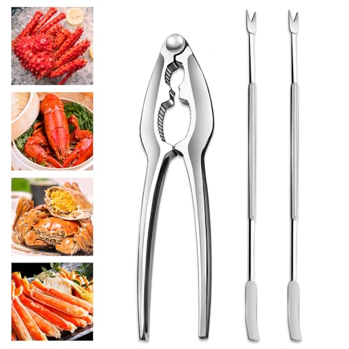 3 PCS Lobster Crackers and Picks Set, Stainless Steel Crab Leg Tools, including 1 Lobster Cracker and 2 Forks, Heavy Duty Shellfish Nut Cracker Set, Seafood Tools for King Crab Legs Shellfish Claw