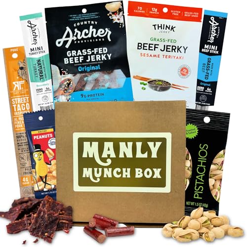 Manly Munch Box Jerky Gift Box, Curated Assortment of High Protein Snacks, Beef & Turkey Jerky...
