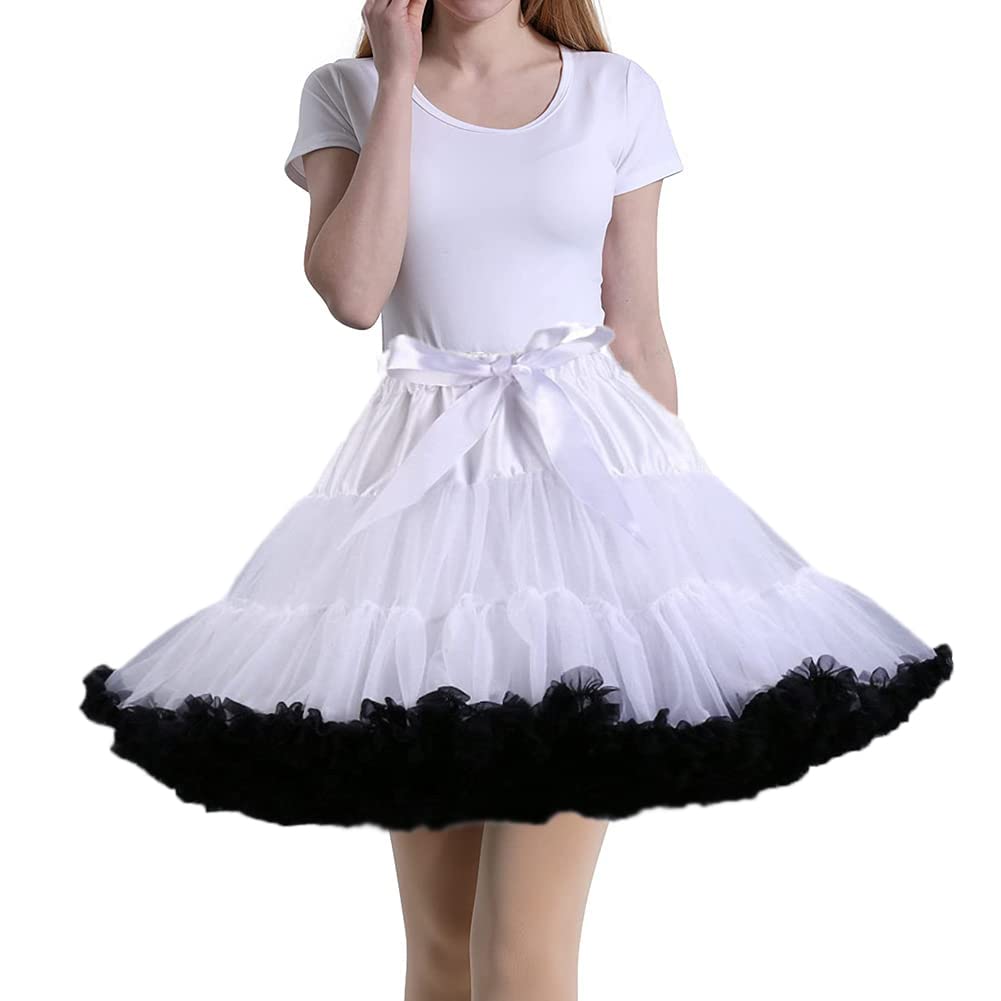 Tmade Women's Whiteblack Tulle Petticoat Tutu Party Multi-Layer Puffy Cosplay Skirt, Length 40Cm, Waist 56-100Cm