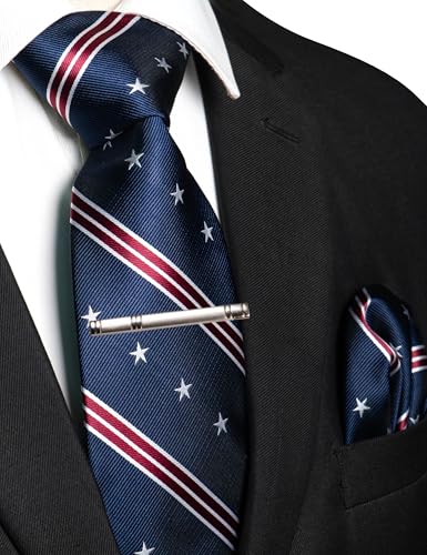 Image of RBOCOTT Silk Stripe Plaid Tie and Pocket Square with Tie Clip Sets for Men