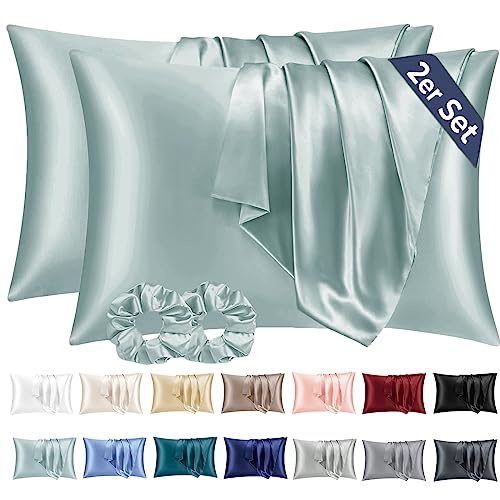Taie Oreiller Satin 50x70 Lot de 2,pour Cheveux,Similaire Aux Taie d Oreiller en Soie,Taies d'oreillers 50x70 certifié Oeko-Tex Gris & 2 Satin Chouchous Vielit