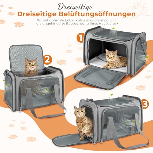 Lohofrnny Transporttasche Katze, Transporttasche für Katze Hund bis zu 5kg, Tragbar Faltbare Haustier Tragetaschen mit Schultergurt für Mittel Kleine Haustiere(Grau, 43x28x28cm)