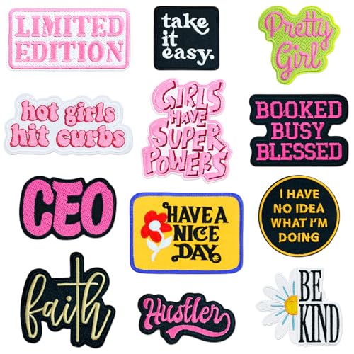 12 Pcs Phrase Iron On Patches for Hats Embroidered Sew on Patch for Jackets Backpacks Clothing DIY Accessories
