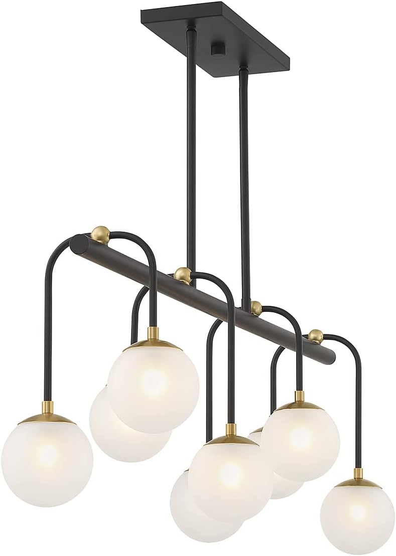 Savoy House 1-6699-8-143 Couplet Vintage Mid-Century Modern Frosted Glass Linear Chandelier, 8-Light 480 Total Watts, 13" H x 10" W, Matte Black with Warm Brass