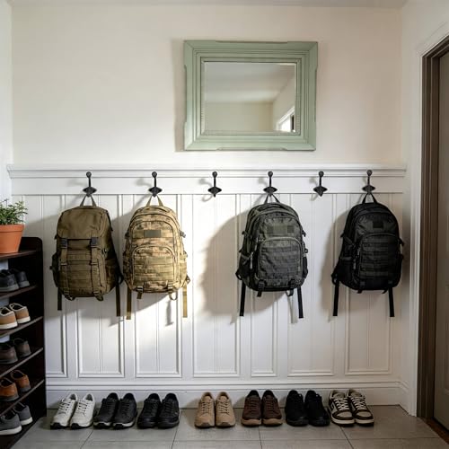 Image of SKOLOO Black Cast Iron Wall Hooks - Farmhouse Style, Pack of 5, Dual-Direction Hanging Design - Ideal for Coat, Backpack, Towel - Perfect for Entryway, Mud Room, Bathroom Dry Area