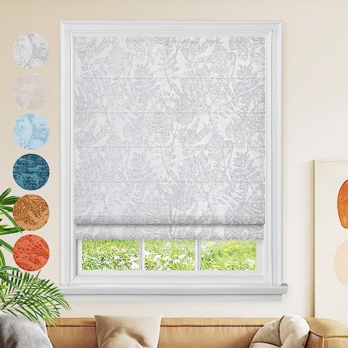 Cordless Window Roman Shades, Blackout Roman Shades Blinds, Light Grey Leaves Design Cotton Fabric Window Blinds for Windows, Doors, Kitchen Windows