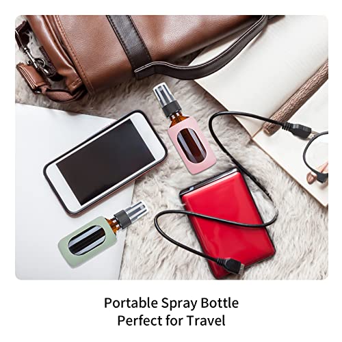 HOMBYS Empty Amber Glass 2oz Small Spray Bottles with Silicone Sleeve Protection - Refillable Containers for Travel, Cleaning Solutions, Essential Oils, Sanitizers - Fine Mist Spray - 4 Pack-Amber4