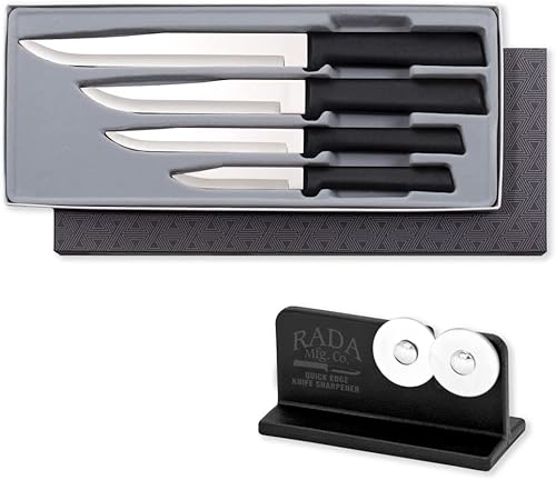 Rada Cutlery - Juego de 4 cuchillos para registro de boda con afilador de borde rápido, asas negras