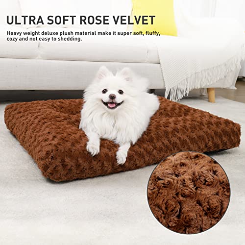 Image of KSIIA Washable Dog Bed Medium Size Dog Crate Bed Pet Mat 29 inchx21 inch Brown | Deluxe Plush Comfy Kennel Pad, Anti-Slip Bottom,Deep Sleeping Mat for Medium Dogs,Machine Washable for Easy Cleaning