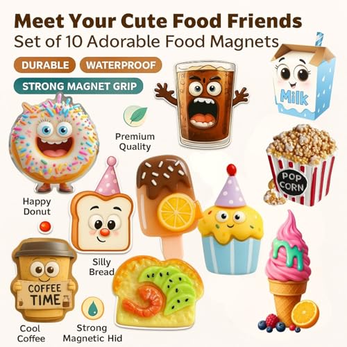 Image of Fun Kitchen Fridge Magnet Set of 10 - Cute Decorative Magnets for Refrigerator, Whiteboard & Locker - Strong Hold, Waterproof & Durable Magnets for Home & Office Decor