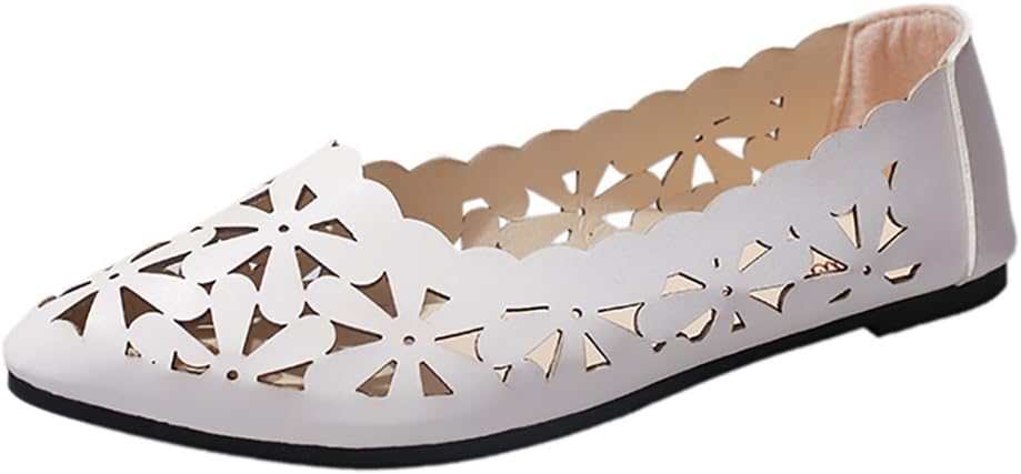 QUINTRA Summer Women Shallow Flat Heel Hollow Out Flower Shape Nude Shoes Pointed-Toe Shoes