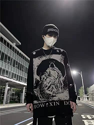 Harajuku Destroyed Hip Hop Destroyed Ripped Crewneck Pullovers Knitwears Sweaters Men Black4