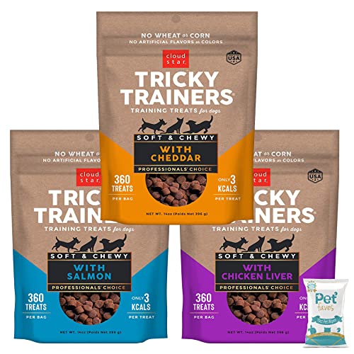 (3 Pack) Cloud Star Tricky Trainers Crunchy Low Calorie Training Dog Treat 14 oz, Cheddar, Liver, and Salmon with 10ct Pet Wipes