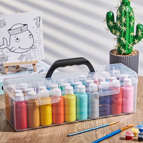 Image of Threehoney 3 Pcs Paint Storage Box for 2 Fl. oz Acrylic Paints, Acrylic Portable Craft art Organizer with Handle, 30 Bottles Capacity Plastic Art Supply Clear Boxes
