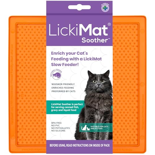 LickiMat Classic Soother, Cat Slow Feeder Lick Mat, Boredom Anxiety Reducer; Perfect for Food, Treats, Yogurt, or Peanut Butter. Fun Alternative to a Slow Feed Cat Bowl or Dish, Orange