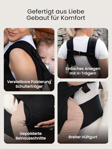 Grownsy Babytrage, Ein-Klick-Schnalle für Einfaches Anlegen, Bequemer Träger von Neugeborenem bis Kleinkind mit Kopfstütze (3-20kg), Ergonomisch & Leicht (Schwarz)