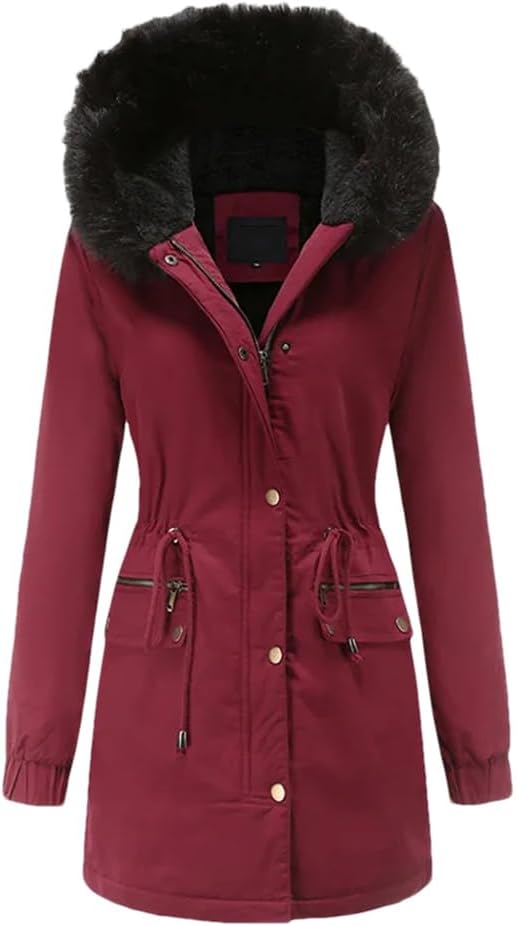 Women Hooded Parka Jacket Fleece Warm Long Coat Fur Collar Thickened Pocket Cotton Outerwear