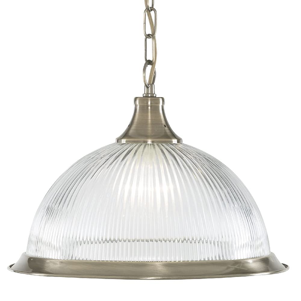 Britalia Antique Brass & Clear Ribbed Glass Dome Vintage Pendant Ceiling Light | 34cm Diameter | 1 x E27 ES Lamp Bulb Required (Not Included) | American Diner Retro Design