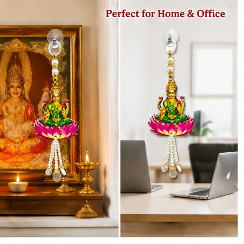 Image of Religious Door Hanging Decor with Pearl Beads & Tassel, Wooden Wall Hanging for Home Temple, Pooja Room, Entrance, Mandir Decoration & Spiritual Gift, Goddess Lakshmi with Lotus