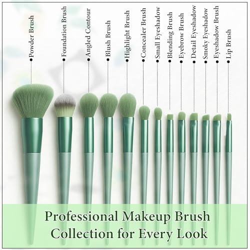 Image of GLUN Metallic Green Professional 13-Piece Makeup Brushes with Travel Bag, Face, Eye & Highlight Brushes