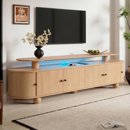 DHHU Meuble TV 180 cm LED, Meuble Télé Salon Design Ovale Rétro avec 4 Portes et 2 Portes Coulissantes, Meuble TV Bois MDF avec Rangement Fermé, Pieds en Bois Massif et Éclairage Ambiance, Naturel-5