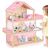 Pillowhale Large Wooden Dollhouse, 3-Story Doll House with 38-Pcs Furniture & Accessories, Open-Concept Floors, Balcony, Flip-Over Snow Roof, Pretend Play Doll House Gift for Kids Ages 3+