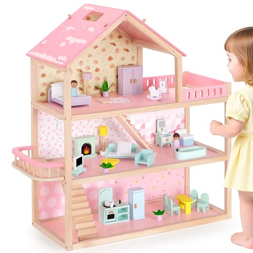 Pillowhale Large Wooden Dollhouse, 3-Story Doll House with 38-Pcs Furniture & Accessories, Open-Concept Floors, Balcony, Flip-Over Snow Roof, Pretend Play Doll House Gift for Kids Ages 3+