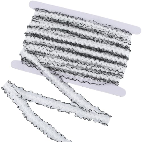 CABODYALS 25M Black White Lace Trims Elastic Ruffle Edge Ribbon Wave Strenchy Fabric Floral Tulle Embroidered Nylon Ribbons for Sewing Making Dress Clothes Applique Embellishment Diy Crafts