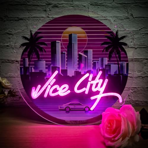 Image of Pink Vice City Neon Sign - Dimmable Led Neon Sign for Bedroom 13.78 x 13.39 Inch,USB Powered for Gaming Room Bar Party Indoor Girl Pub Man Cave Kids Room Decoration Birthday Party Gifts
