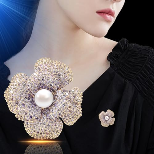 Image of Pearl Flower Brooch and Pins for Women Large Gold Luxury Elegant Pin Christmas Gift Jewelry