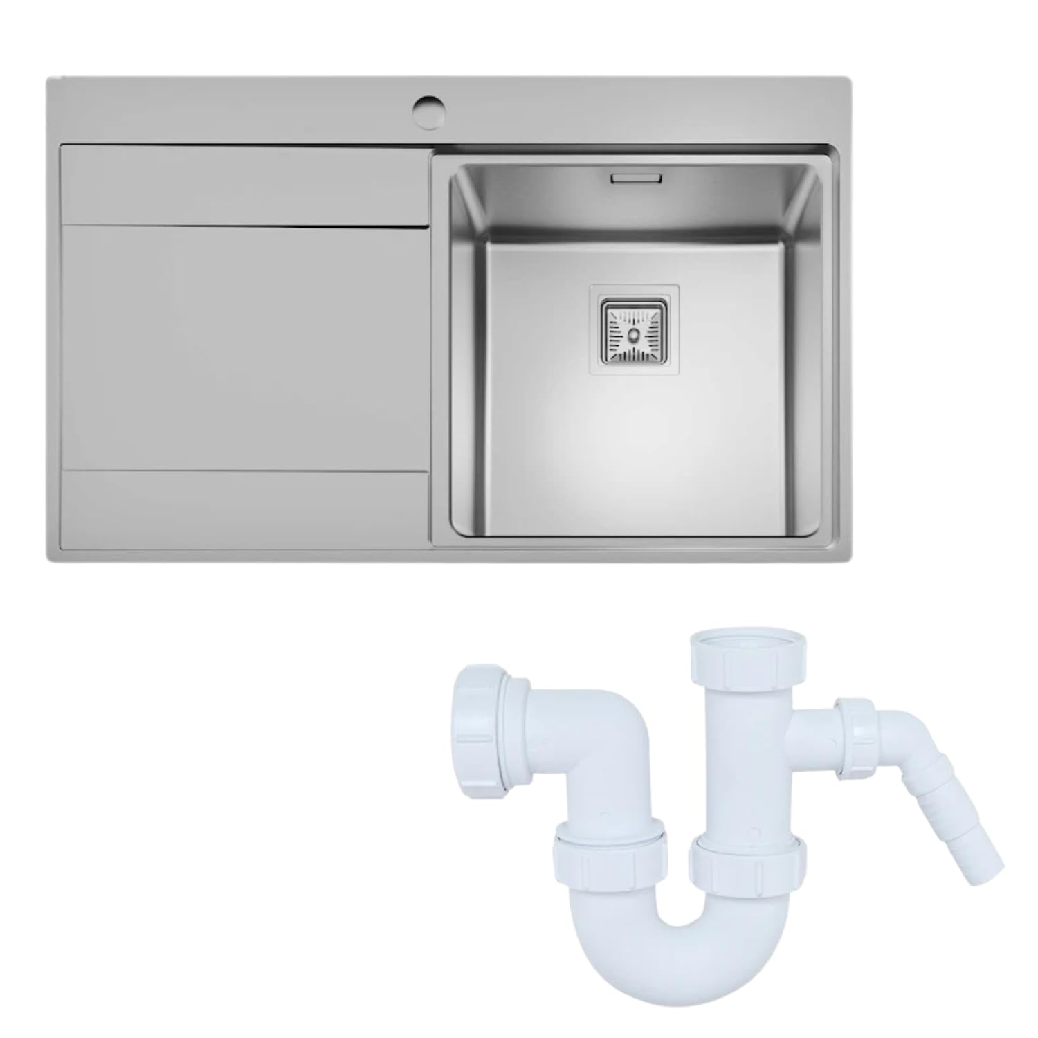 SÄUBER® 860 x 520mm Stainless Steel Kitchen Sink Single One 1.0 Bowl Sinks for Kitchens Bowls, Left Hand Drainer, Inset Drop in Installation with Waste Pipe Kit & Free Basket Strainer Waste