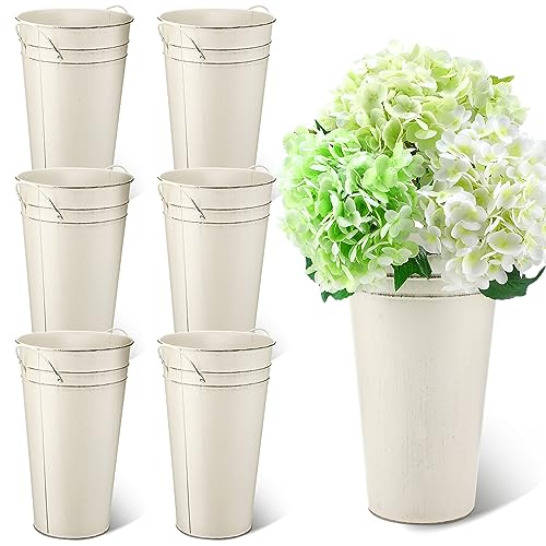 Irenare 12 Inch Vintage Galvanized Flower Bucket Metal Flower Vase Farmhouse French Bucket Planter Metal Floral Container for Party Table Centerpiece Weddings Home(White,6 Pcs)