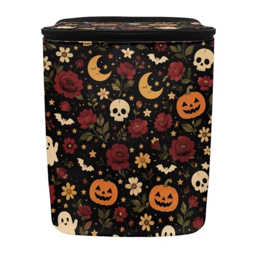 Image of Talayituse Skull Ghost Rose Moon Print Car Trash Can with Lid, Leak Proof Auto Trash Bag Hanging Vehicle Garbage Can Multipurpose Storage Container for Back Seat Road Trip Halloween Decor