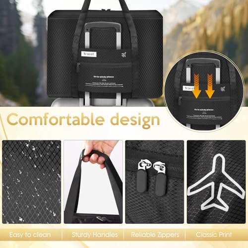 Aevcvok Faltbare Reisetasche, Handgepäck Tasche mit Schuhbeutel und Reißverschlusstasche, Tasche Handgepäck Flugzeug, Leichte Reisetasche für Reisen, Fitness, Camping (Schwarz)