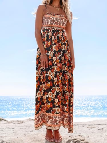 Image of CUPSHE Women Spaghetti Straps Boho Maxi Dress Summer Sleeveless Smocked Floral Beach Long Dress Flowy Cruise Vacation Outfits