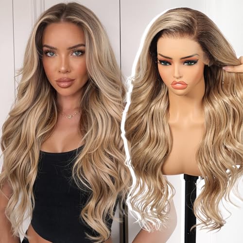 KOME Dirty Blonde Synthetic Lace Front Wig 136 Pre Plucked Curly Glueless Wigs for Women Daily Party Use 26IN(#TT6/1603)