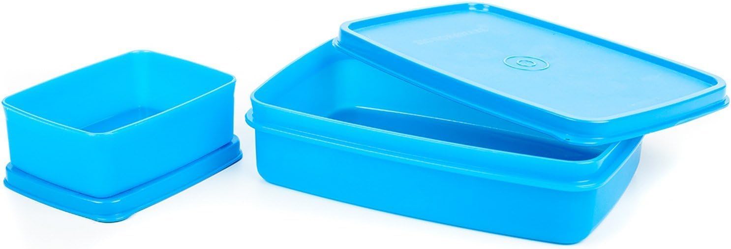 SignoraWare Small Compact Lunch Box Set of 2, Bpa Free Plastic, Microwave Safe Food Grade Tiffin Boxes Office School, Leak Proof Air Tight (650ml+150ml, Rectangular, Blue, Easy to Carry)