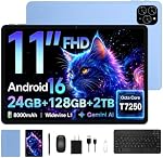 Tablet 2026 Android 16 Tablet with Gemini AI 3.1, 11 Inch FHD Display, 24GB RAM 128GB ROM/2TB TF, T7250 CPU + 13MP Camera, 8000mAh, Widevine L1, Tablet with Keyboard, Mouse, Blue, for Work and Study