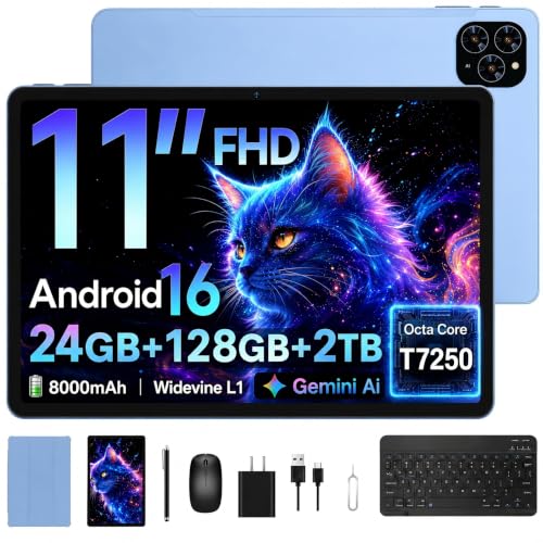 Image of Tablet 2026 Android 16 Tablet with Gemini AI 3.5, 11 Inch FHD Display, 24GB RAM 128GB ROM /2TB TF, T7250 CPU + 13MP Camera, 8000mAh, Widevine L1, Tablet with Keyboard, Mouse, Blue, for Work and Study