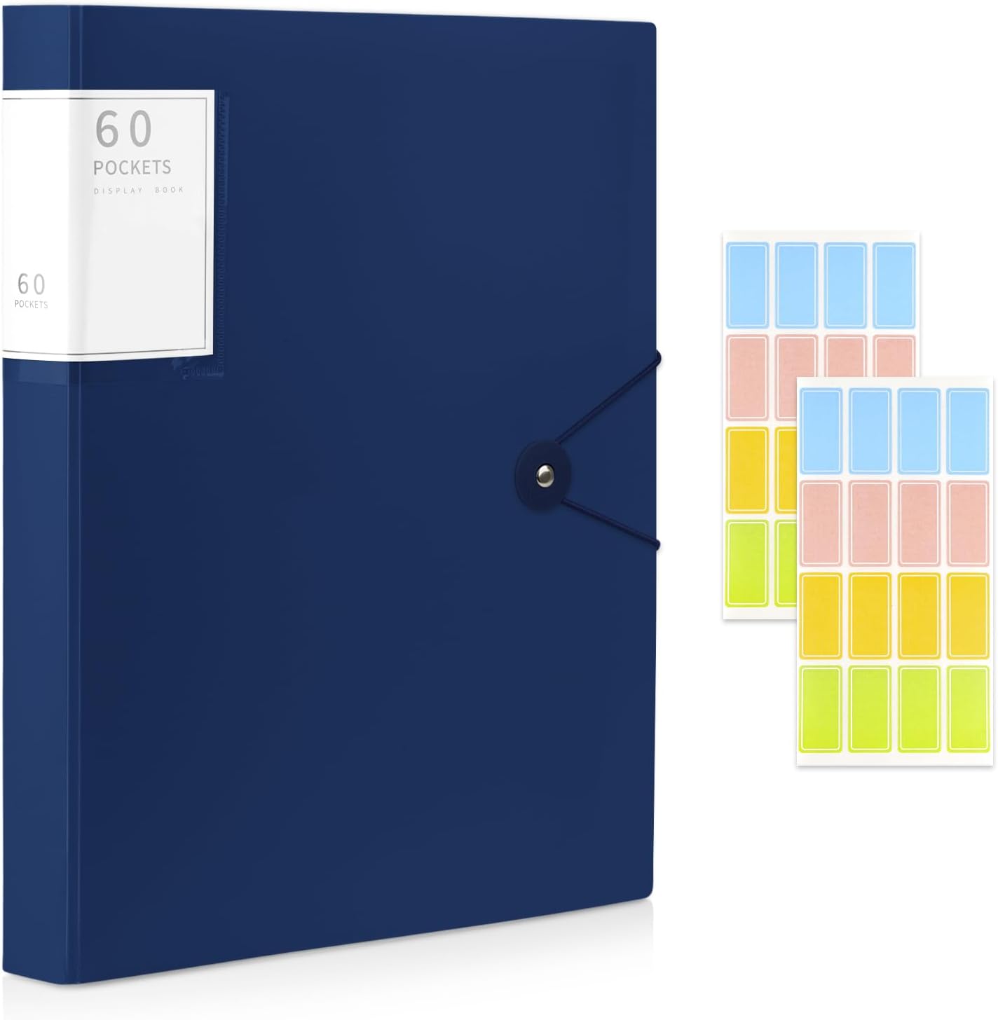 A4 Display Folder, 60 Pockets Display Book Folders, Presentation Folders with Plastic Sleeves & Safety Rope, Suitable for Documents, School, Office & Business Project Use (Dark Blue)